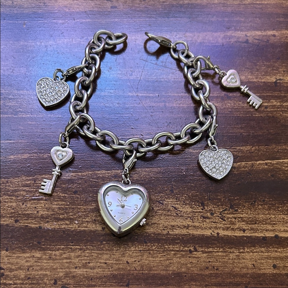 Silver Heart Charm Bracelet with Watch